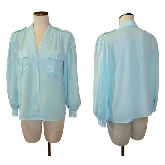 90s Y2K Semi Sheer Turquoise Blouse w Epaulettes CHAUS | S - Picture 4 of 8